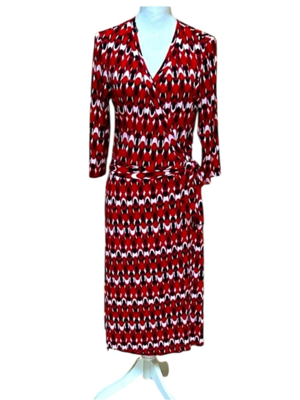 Bisou Bisou Women’s Red Black Geometric Print 3/4 Sleeve Wrap Midi Dress Size 12